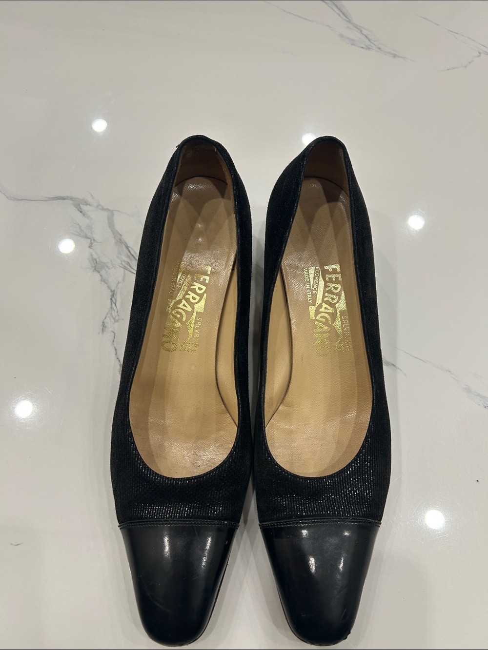 Salvatore Ferragamo Black Textured Leather Cap-Toe Flats